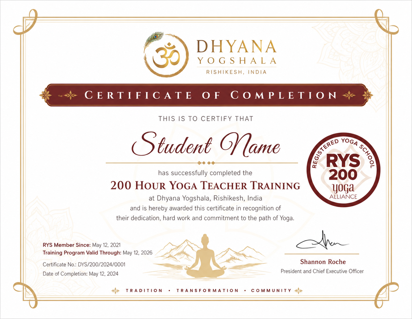 Sample Yoga Alliance certificate
